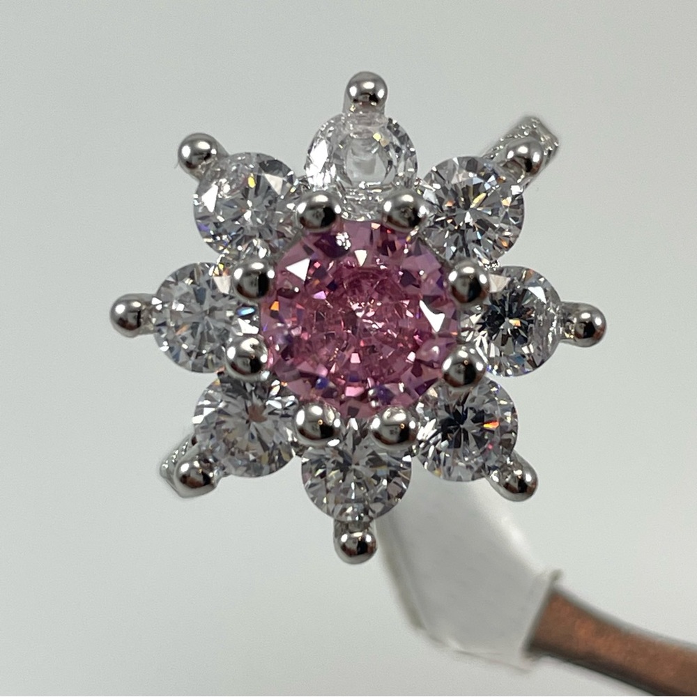 Exquisite Statement Pink White Diamond CZ Flower Star Silver Plated Boho Ring